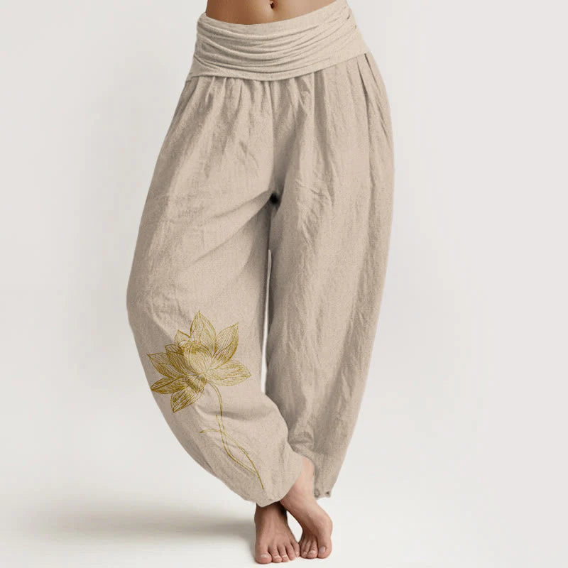 Buddha Stones Pure Cotton Elegant Lotus Flower Pattern Women's Elastic Waist Harem Pants
