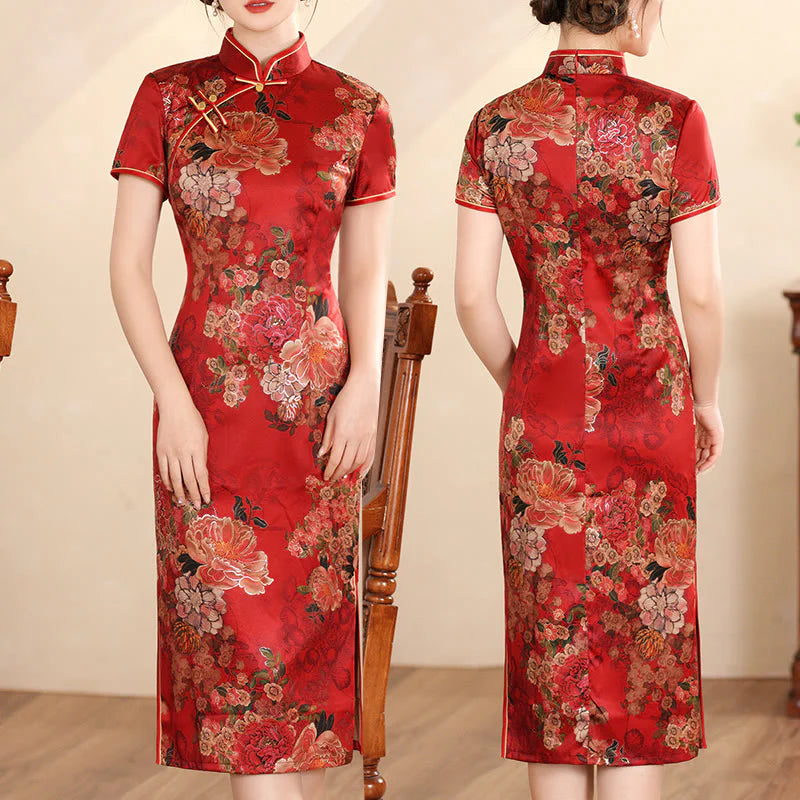 Buddha Stones Retro Flower Lotus Peony Feather Print Qipao Dress Women's Cheongsam Dress (Extra 30% Off | USE CODE: FS30)