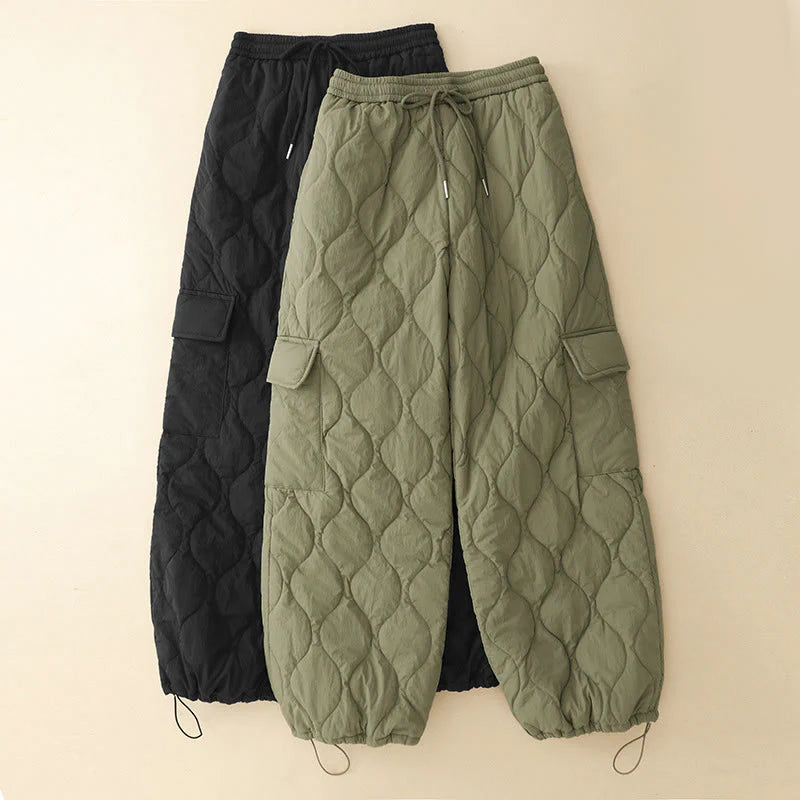 Buddha Stones Winter Curved Lines Elastic Waist Drawstring Cotton Thermal Women's Pants With Pockets