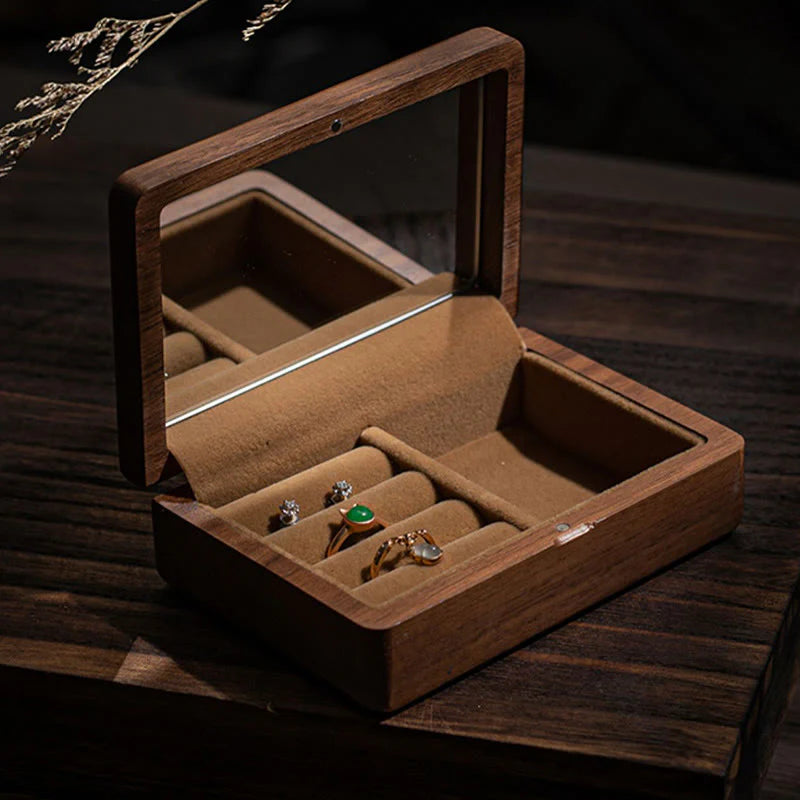 Buddha Stones Vintage Handmade Black Walnut Wood Jewelry Storage Box With Mirror