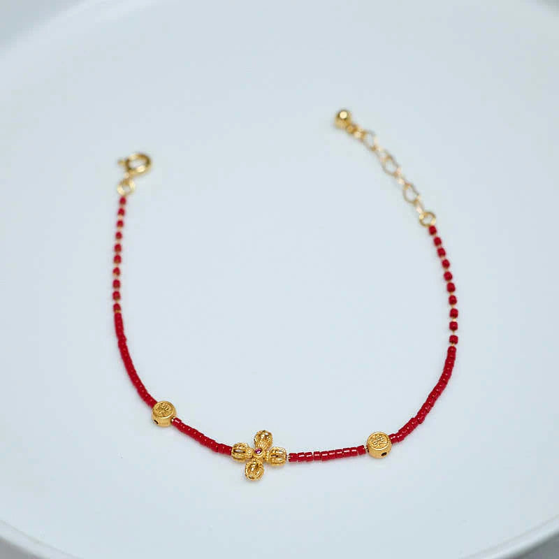 Buddha Stones 925 Sterling Silver Plated 24k Gold Liuli Glass Bead PiXiu Four Leaf Clover Joy And Happiness Wealth Bracelet