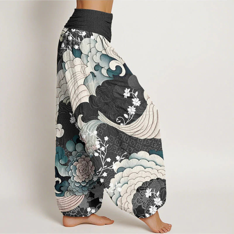 Buddha Stones Cotton Flower Wave Pattern Women's Elastic Waist Harem Pants