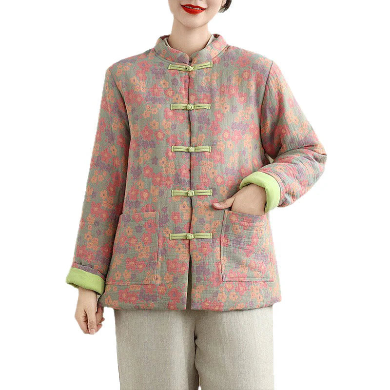 Buddha Stones Women's Winter Thicken Cotton Floral Pattern Long Sleeve Jacket With Pockets