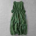 Buddha Stones Embroidery Patchwork Long Puff Sleeve Drawstring Midi Dress With Pockets