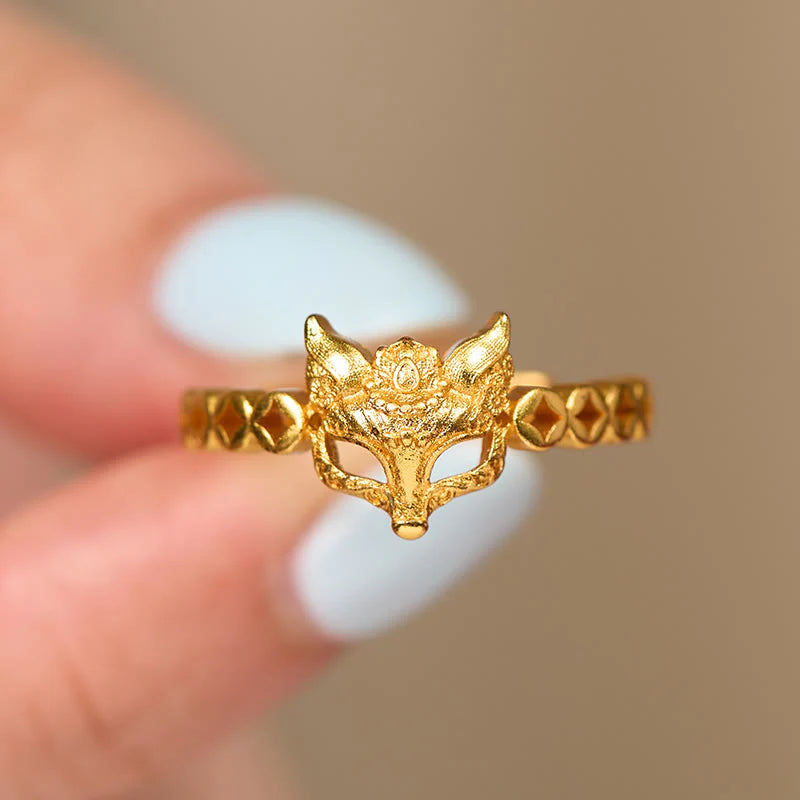 Buddha Stones 24k Gold Plated Brass Fox Coin Hollow Design Adjustable Ring