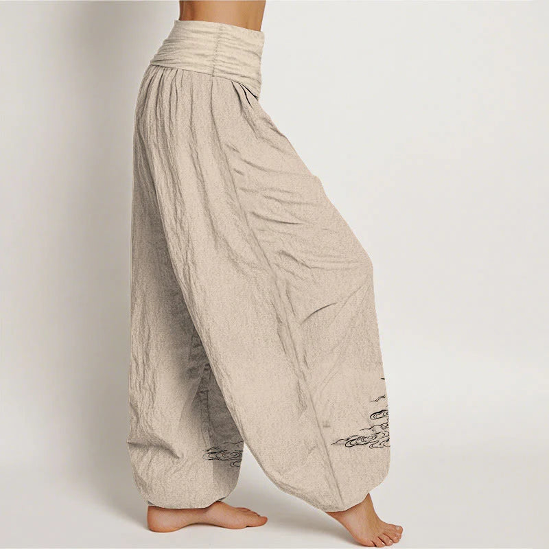 Buddha Stones Crane Flowing Water Pattern Women's Elastic Waist Harem Cotton Pants