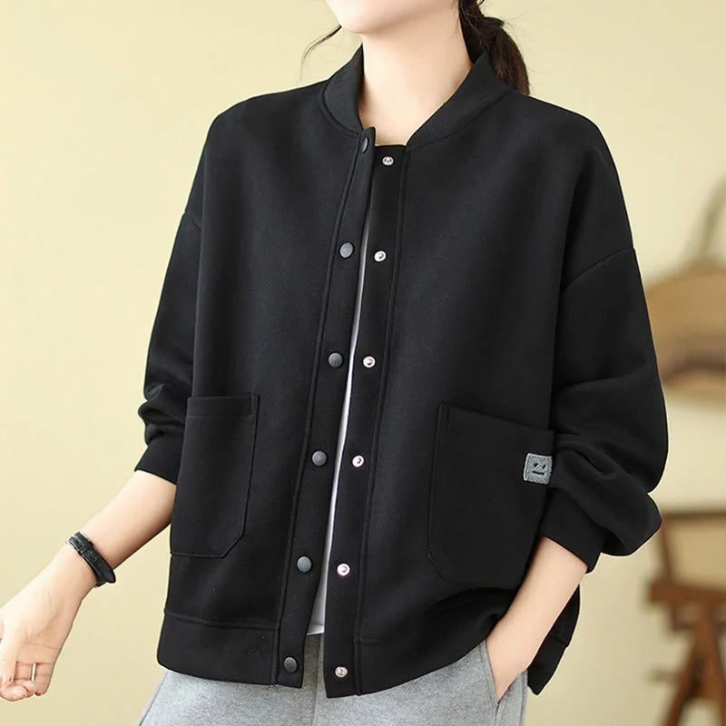Buddha Stones Plain Women's Buttons Crew Neck Long Sleeve Cotton Jacket With Pockets