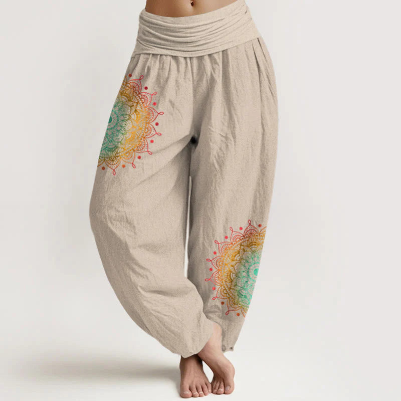 Buddha Stones Pure Cotton Simple Style Mandala Pattern Women's Elastic Waist Harem Pants