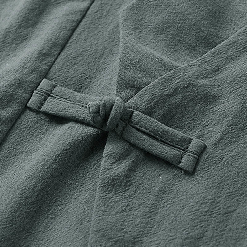 Buddha Stones Plain One Chinese Frog-Button Jacket Cotton Linen Men's Half Sleeve Kimono