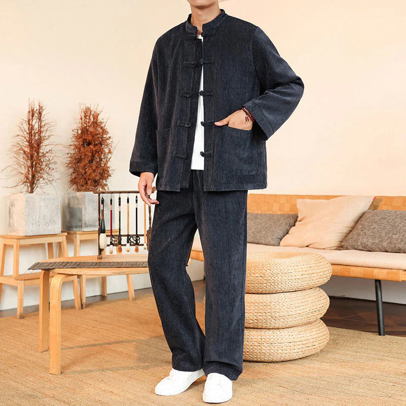 Buddha Stones 2Pcs Winter Thick Men's Tang Suit Frog-Button Cotton Corduroy Long Sleeve Jacket Pants Set With Pockets