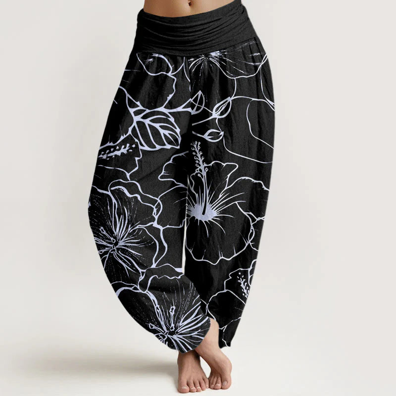 Buddha Stones Cotton Morning Glory Flowers Pattern Design Women's Elastic Waist Harem Pants