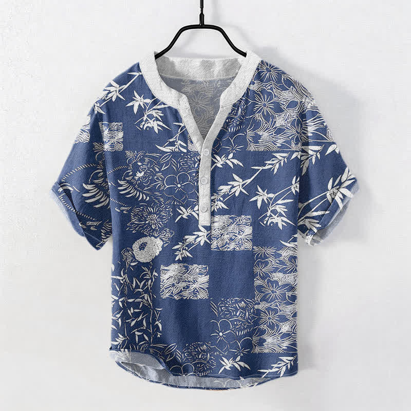 Buddha Stones Cotton Bamboo Plum Emblem Men's Short Sleeve Half Button Shirt