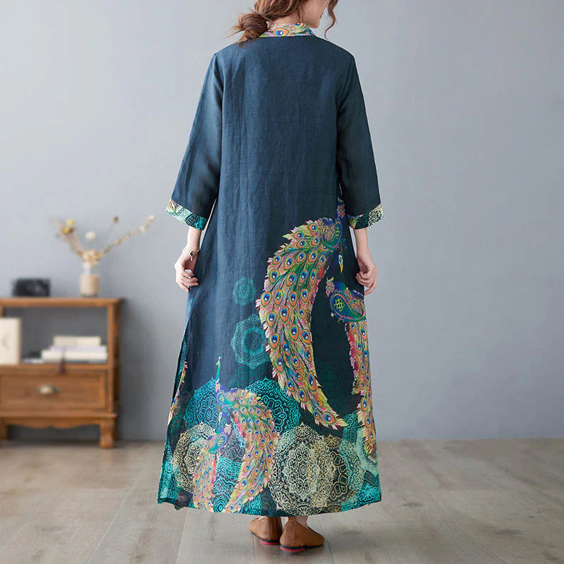Buddha Stones Fall Colorful Peacocks Mandala Frog-Button Three Quarter Sleeve Cotton Women's Midi Dress
