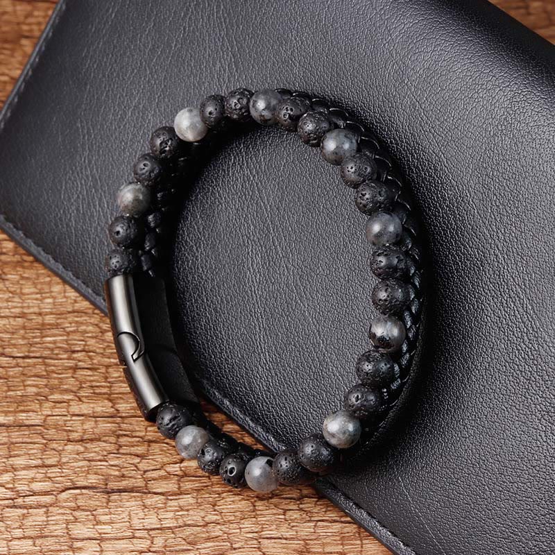 Buddha Stones Lava Rock Titanium Steel Calm Leather Bracelet