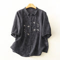 Buddha Stones Stand Collar Embroidery Button Design Three Quarter Sleeve Summer Women's Shirt