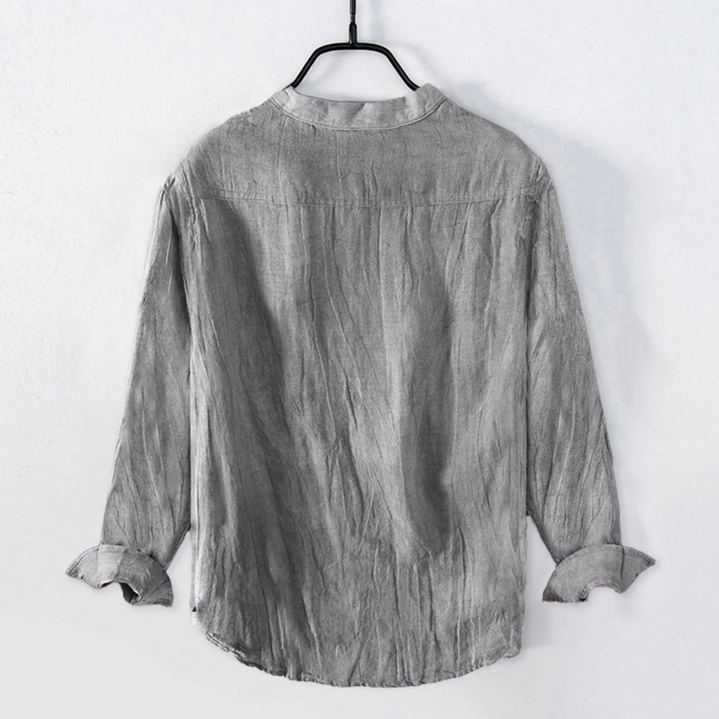 Buddha Stones Solid Color Short Sleeve Half Button Shirt Cotton Linen Men Clothing