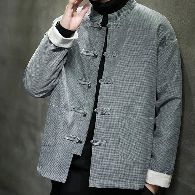 Buddha Stones Solid Color Frog-button Men's Jacket Shirt Clothing