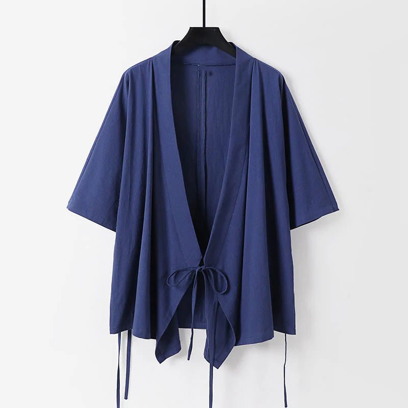 Buddha Stones 2Pcs Fall Lace-up Three Quarter Sleeve Cotton Kimono Drawstring Pants With Pockets Men's Meditation Cloth Set