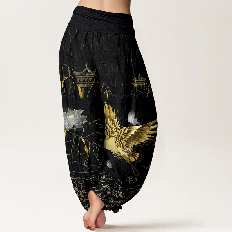 Buddha Stones Cotton Crane Lotus Mountain Pavilion Pattern Women's Elastic Waist Harem Pants