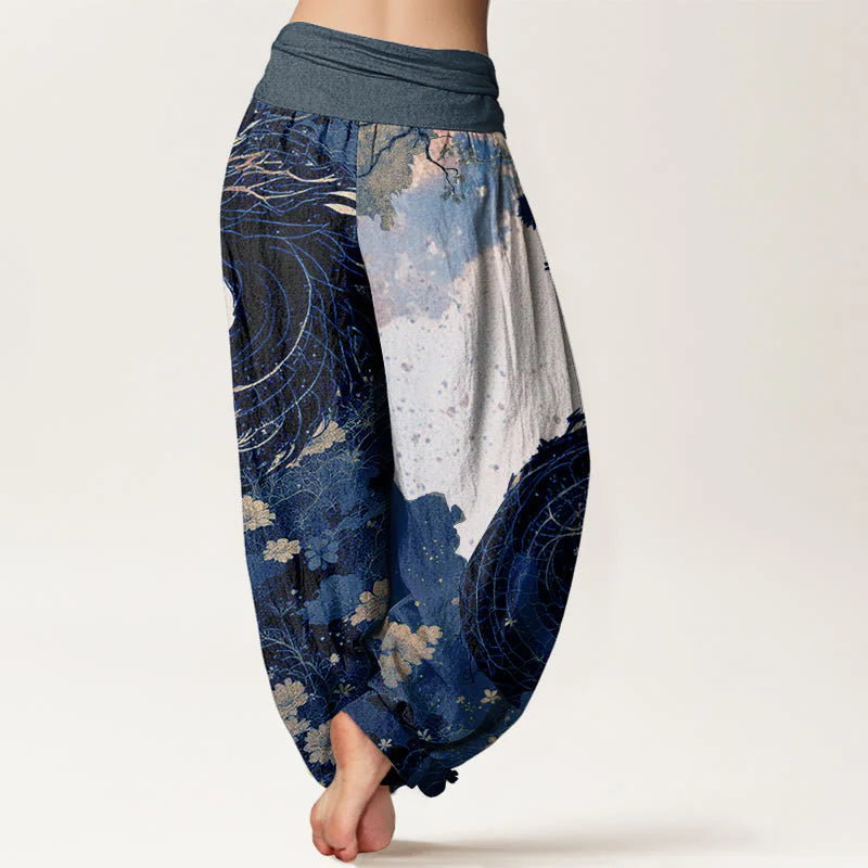 Buddha Stones Cotton Casual Dragon Ancient Tree Pattern Women's Elastic Waist Harem Pants
