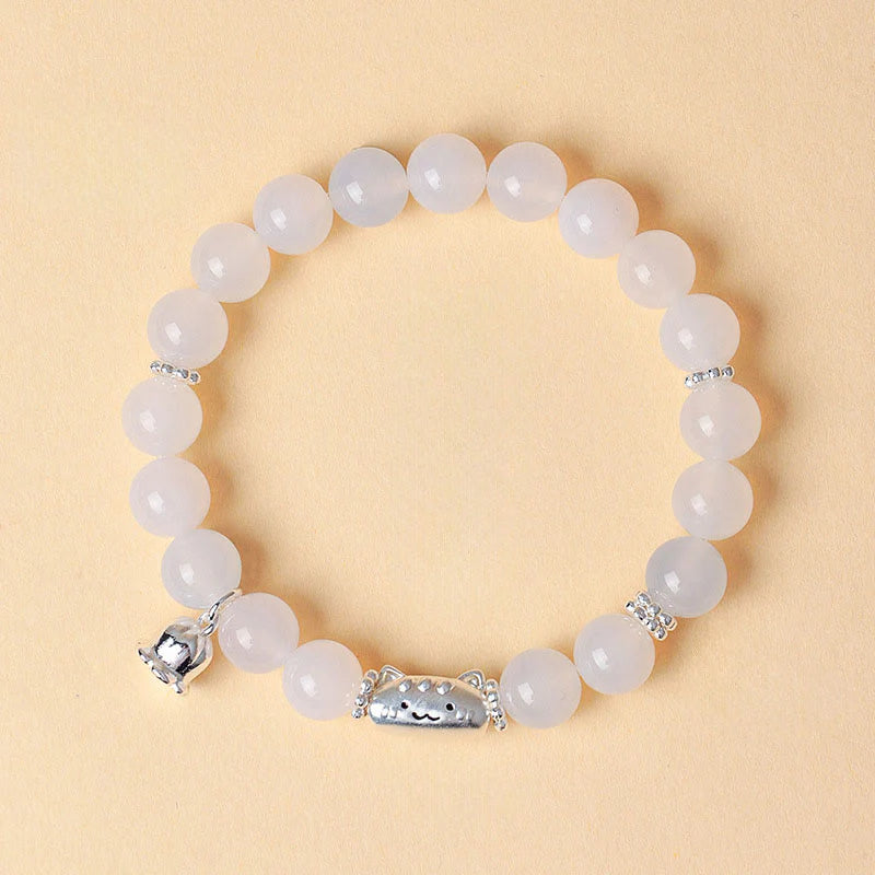 Buddha Stones 999 Sterling Silver Natural Cat Head White Cat's Eye White Agate Positive Bracelet