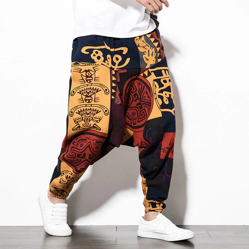 Buddha Stones Red Brown Graffiti Bird Print Men's Harem Pants With Pockets