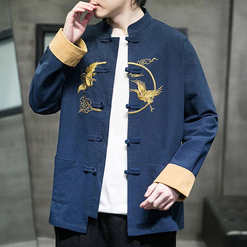Buddha Stones Embroidery Cranes Pattern Frog-Button Men's Cotton Long Sleeve Jacket With Pockets