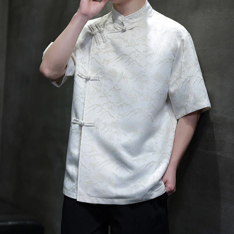 Buddha Stones Summer Mountain Pattern Jacquard Chinese Frog-Button Cotton Short Sleeve Men's Shirt