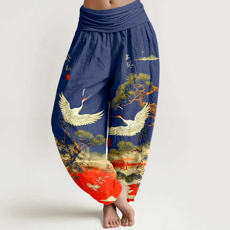 Buddha Stones Pure Cotton Vivid Crane Pine Tree Pattern Women's Elastic Waist Harem Pants