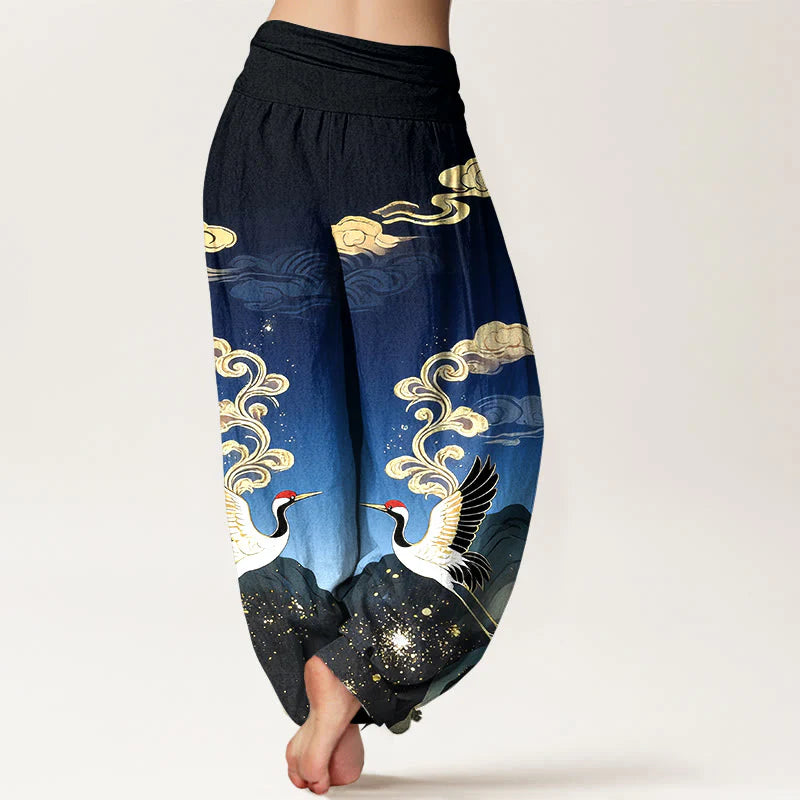 Buddha Stones Pure Cotton Colorful Crane Cloud Mountain Pattern Women's Elastic Waist Harem Pants