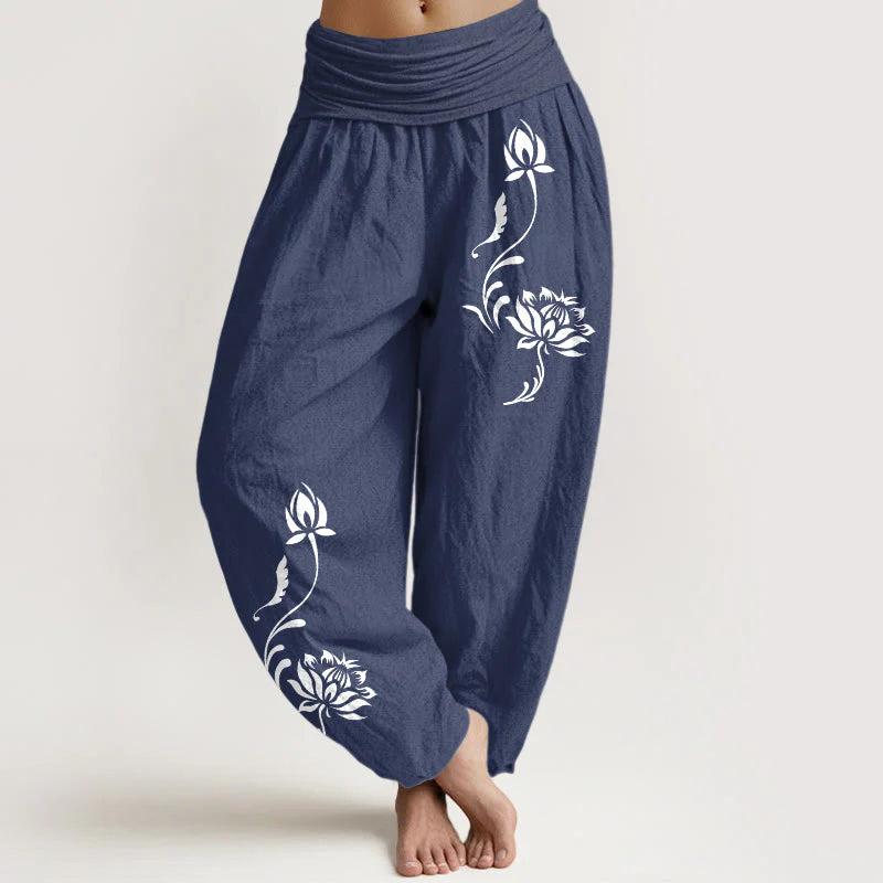 Buddha Stones Cotton Stable Lotus Petals Pattern Women's Elastic Waist Harem Pants