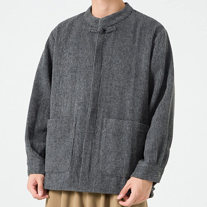 Buddha Stones Long Sleeve Frog-button Design Men's Cotton Jacket Shirt With Pockets