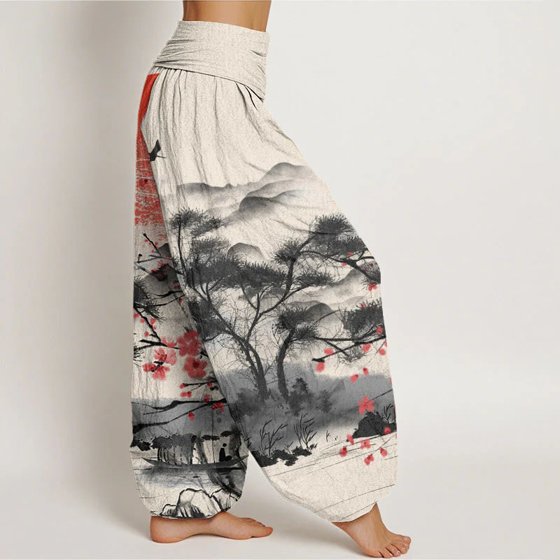 Buddha Stones Cotton Casual Red Plum Blossom Mountains Sun Pattern Women's Elastic Waist Harem Pants
