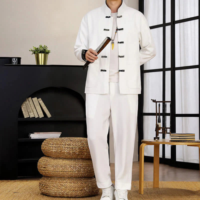 Buddha Stones 2Pcs Tang Suit Frog-Button Men's Waves Long Sleeve Shirt Pants Clothing Set