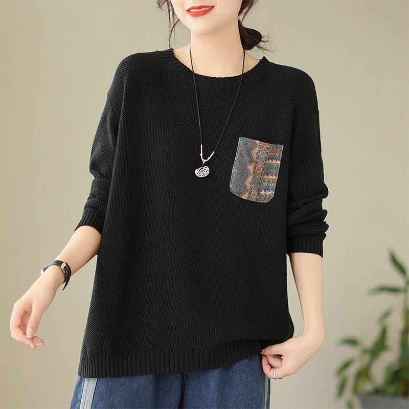 Buddha Stones Fall Floral Decorative Pocket Pattern Knitted Cotton Women's Long Sleeve Sweater