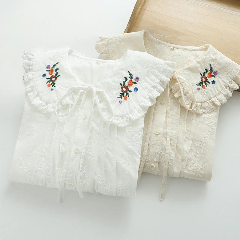 Buddha Stones Fall White Floral Embroidery Peter Pan Collar Buttons Women's Cotton Long Sleeve Shirt