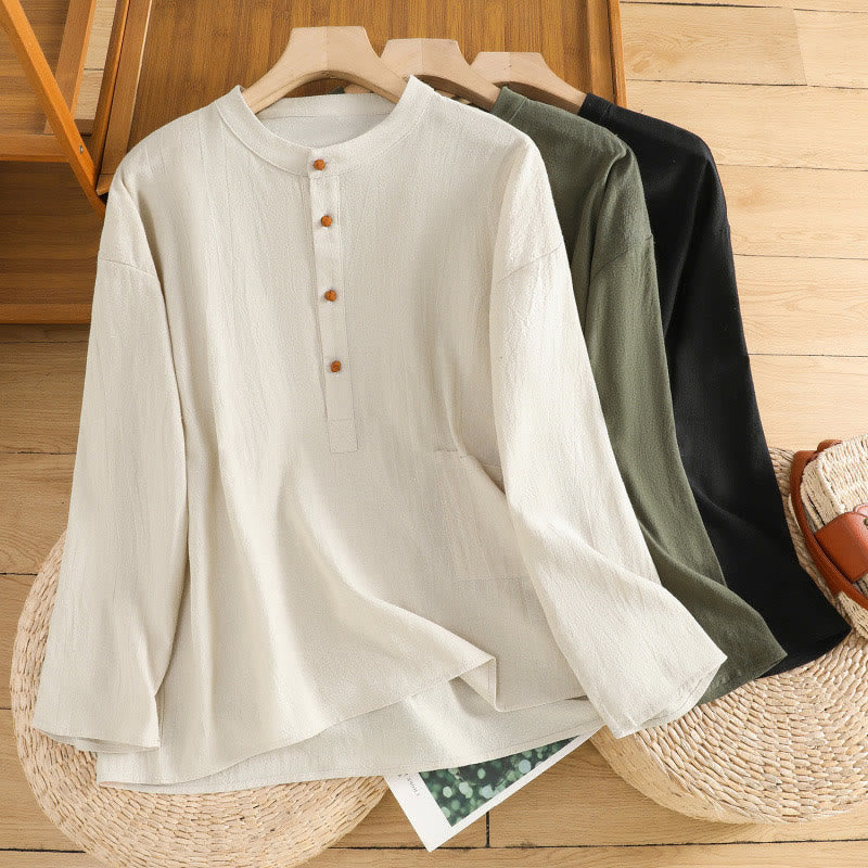 Buddha Stones Summer Casual Pure Color Half Button Simple Design Women's Cotton Linen Half Sleeve Shirt With Pocket
