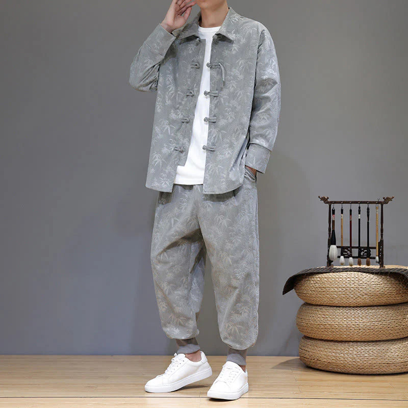 Buddha Stones 2Pcs Winter Thick Bamboo Men's Tang Suit Frog-Button Cotton Corduroy Long Sleeve Jacket Pants Set With Pockets
