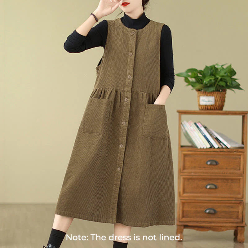 Buddha Stones Fall Retro Buttons Design Corduroy Sleeveless Midi Dress With Pockets
