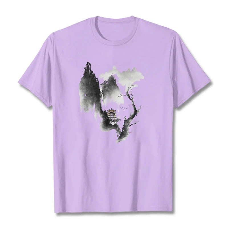 Buddha Stones Pavilion Tree Geese Around The Mountains Pattern Tee T-shirt