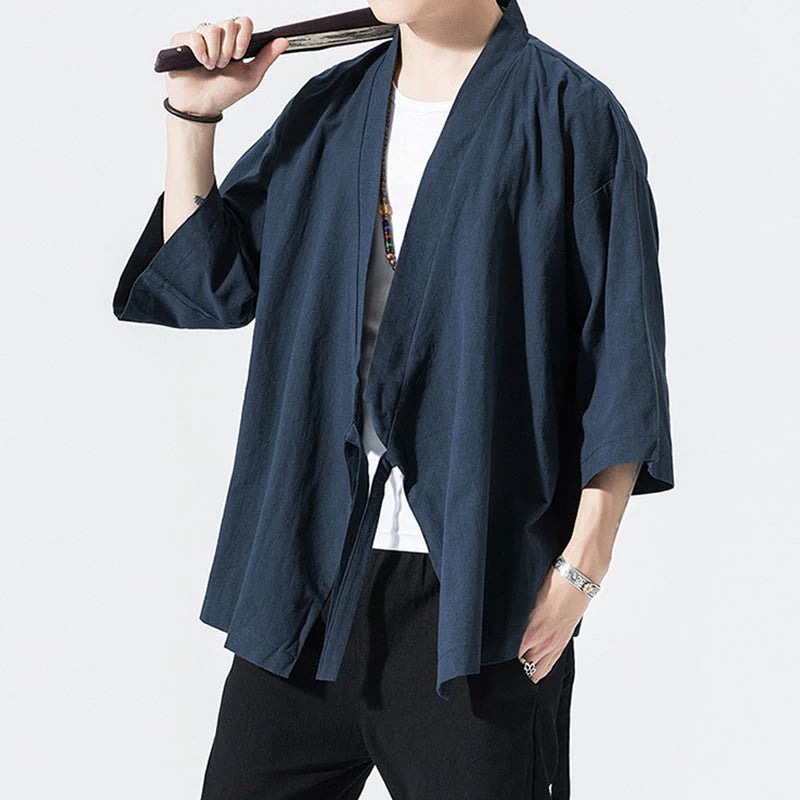 Buddha Stones Tang Suit Open Front Jacket Cotton Linen Men's Three Quarter Sleeve Kimono
