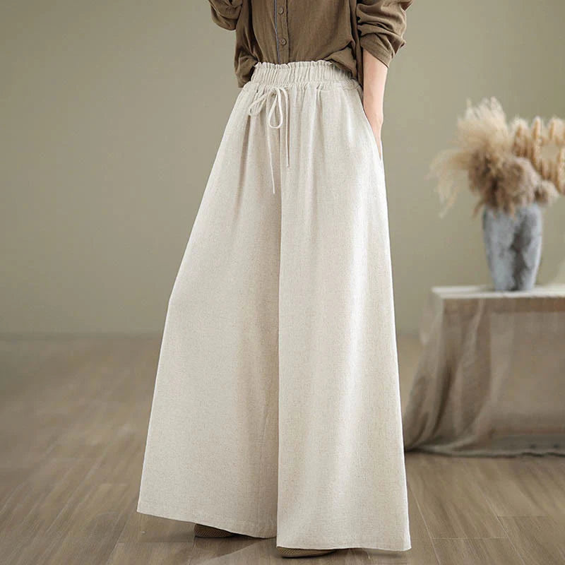 Buddha Stones Women's Pure Color Drawstring Cotton Linen Wide Leg Ankle-Length Pants With Pockets