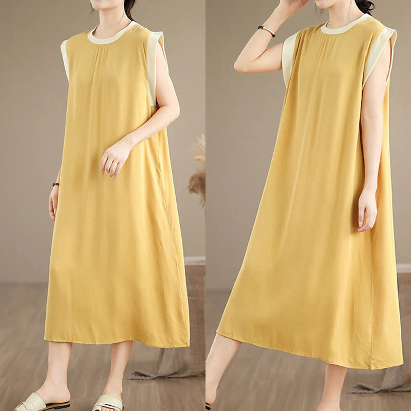Buddha Stones Pure Color Slit Design Sleeveless Cotton Midi Dress With Pockets