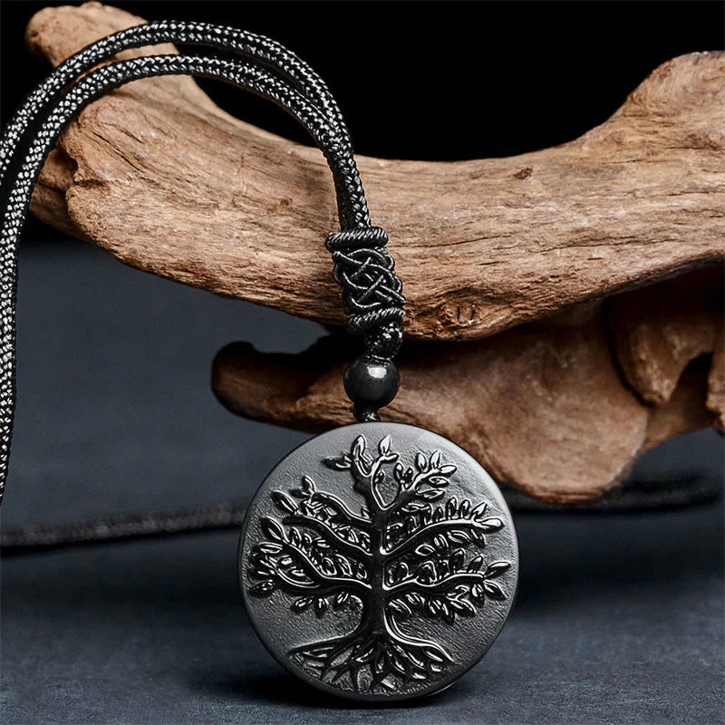 FREE Today: Transformation and Strength Natural The Tree of Life Pattern Black Obsidian Necklace Pendant