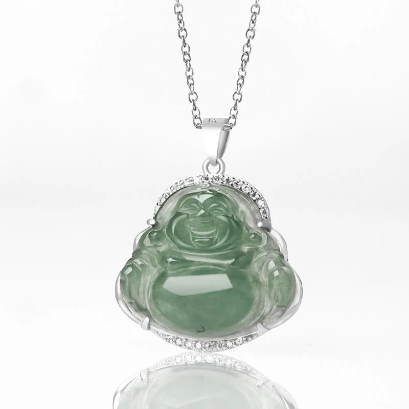 Buddha Stones Laughing Buddha Natural Jade Luck Prosperity Necklace Titanium Steel Chain Pendant