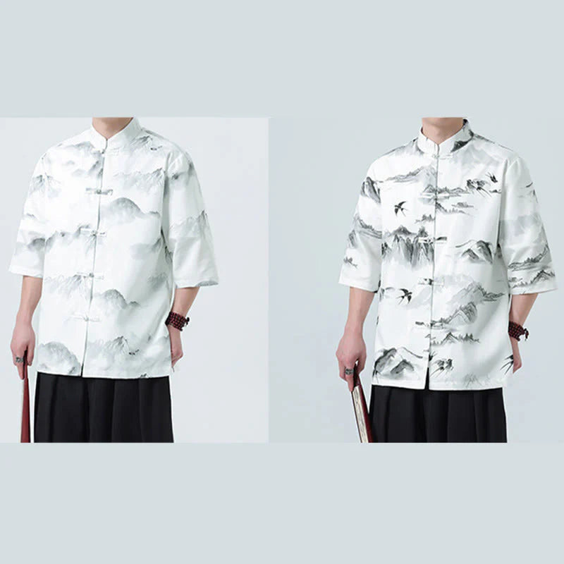 Buddha Stones Printing Chinese Ink Landscape Pattern Men's Frog-button Half Sleeve Shirts
