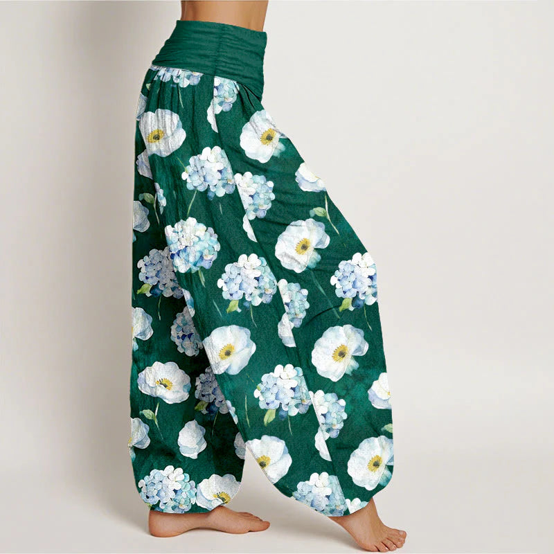 Buddha Stones Cotton Fresh Elegant Flower Pattern Women's Elastic Waist Harem Pants