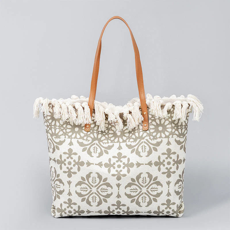 Buddha Stones Large Capacity Boho Geometry Print Tassel Canvas Tote Shoulder Bag