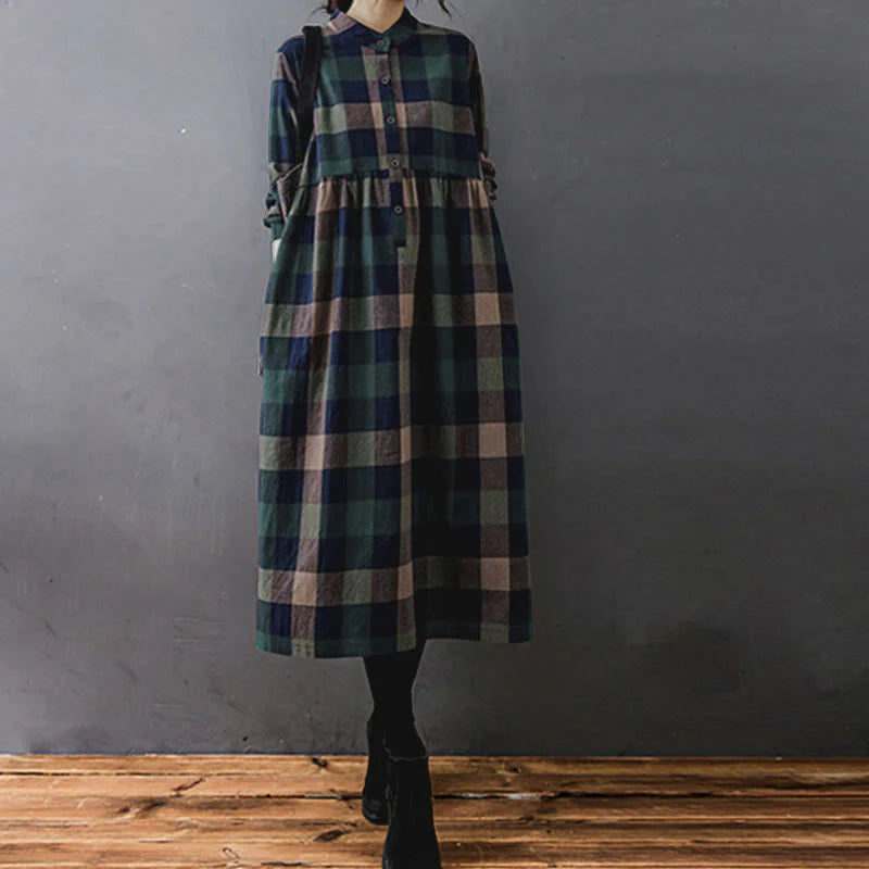 Buddha Stones Commute Patchwork Color Plaid Long Sleeve Cotton Midi Dress