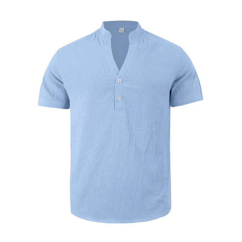 Buddha Stones Solid Summer Short Sleeve Half Buttons Linen Men's Shirt
